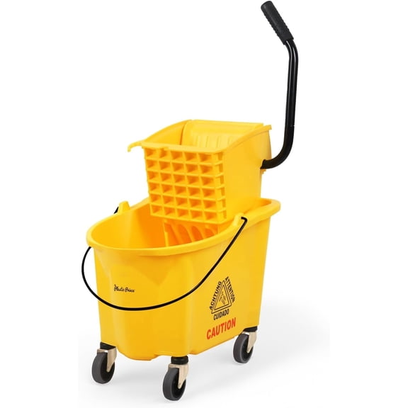Commercial Mop Bucket with Wringer on Wheels, Heavy Duty, Side-Press, for Home Office Restaurant Business, 35-Quart Yellow