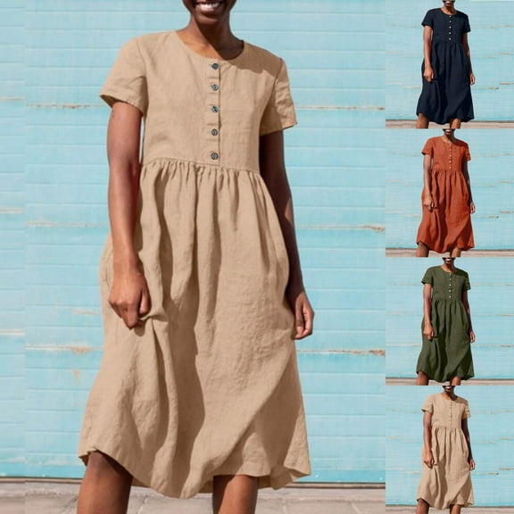 ZZwxWA Womens Cotton Linen Short Sleeve Crew Neck Flowy Midi Dress Summer Loose Fit Casual A Line Button Down Beach Dresses