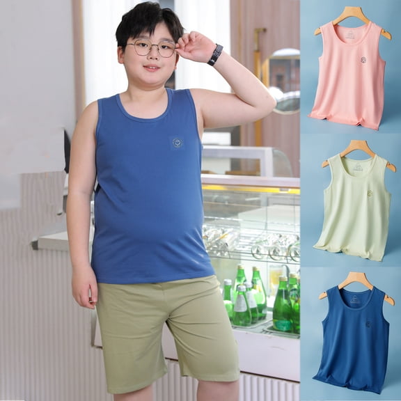 YHAJDS Boys Plus Size 2 Piece Set Sleeveless Crewneck Tank Top with Shorts Loose Fit Summer Wear