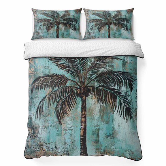 Black Coconut Tree 3 Piece Quilt Bedding Set with 2 Pillow Shams, Retro Beach Lightweight Bedspread Coverlet, Soft Breathable All Season Quilt, 68 x 98 Inch