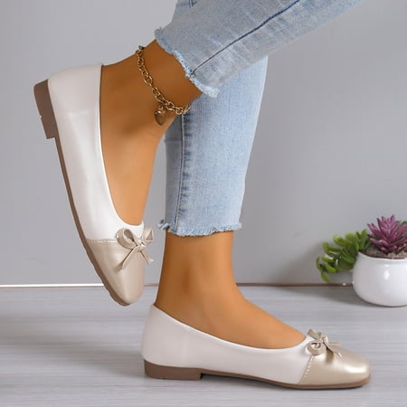 

XDDST Large Size Casual Sneakers for Women Flat Ladies Large Size Single Shoes Simple Pure Colour Bowknot Low Heel Flat Bottom Single Shoes Loafers White