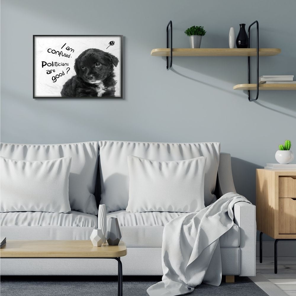 Stupell Industries Politicians Are Good Question Cute Puppy Political Humor Framed Wall Art Design by Ziwei Li, 11" x 14", Gray Framed
