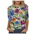 thumbnail image 1 of TSADFHJI Hauts d'Hiver pour Femmes, T-Shirt Décontracté à Imprimé Floral, Col Rond, Manches 3/4, Coupe Ample, Bleu Top S, 1 of 5