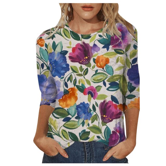 TSADFHJI Hauts d'Hiver pour Femmes, T-Shirt Décontracté à Imprimé Floral, Col Rond, Manches 3/4, Coupe Ample, Bleu Top S