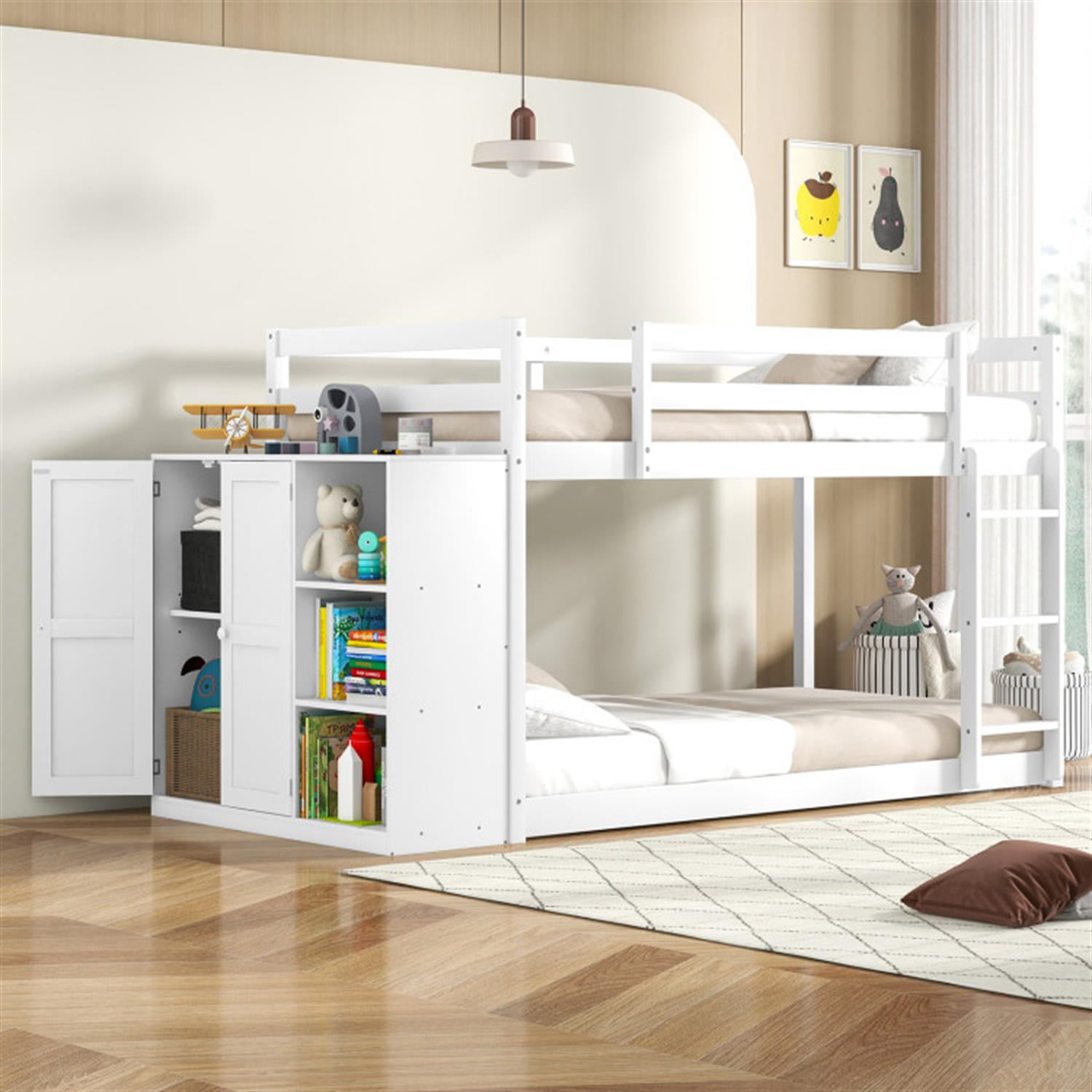 Demi Bonn Twin Over Twin Bunk Bed with Convertible Bookcase and Safety Guardrails, Twin Bunk Beds, Space-saving Solid Wood Bed Frame, White