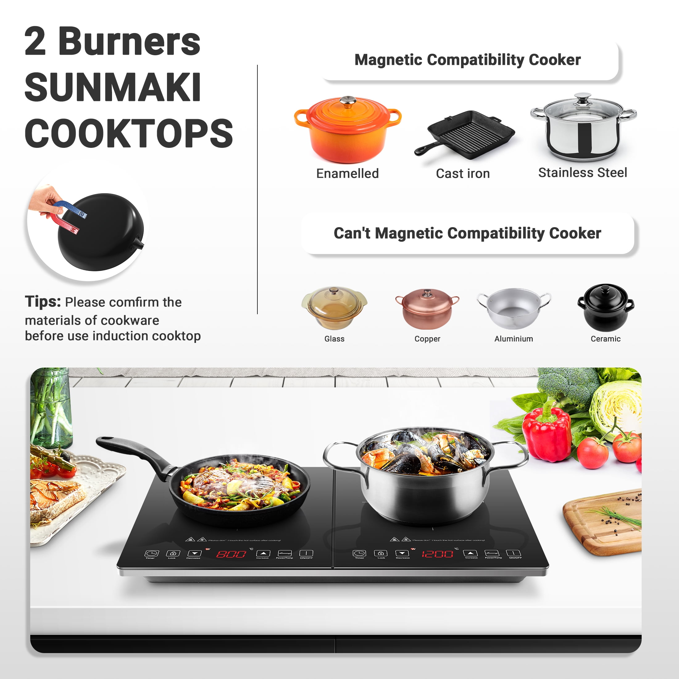 Sunmaki Portable Double Induction Cooktop, 1800W Electric Countertop Stoves with Sensor Touch for Cooking