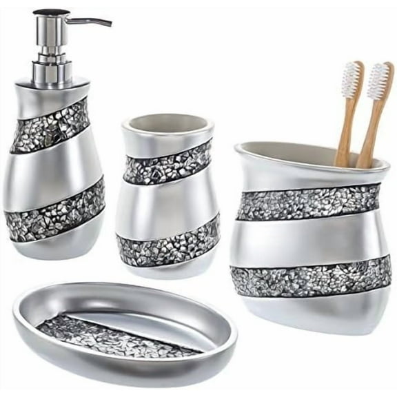 Silver Bathroom Accessory Set - Mosaic Glass Bathroom Soap Dispenser Set; 4-Piece Bathroom Set Includes: Lotion Dispenser, Toothbrush Holder, Tumbler & Soap Dish - Gift Packaged
