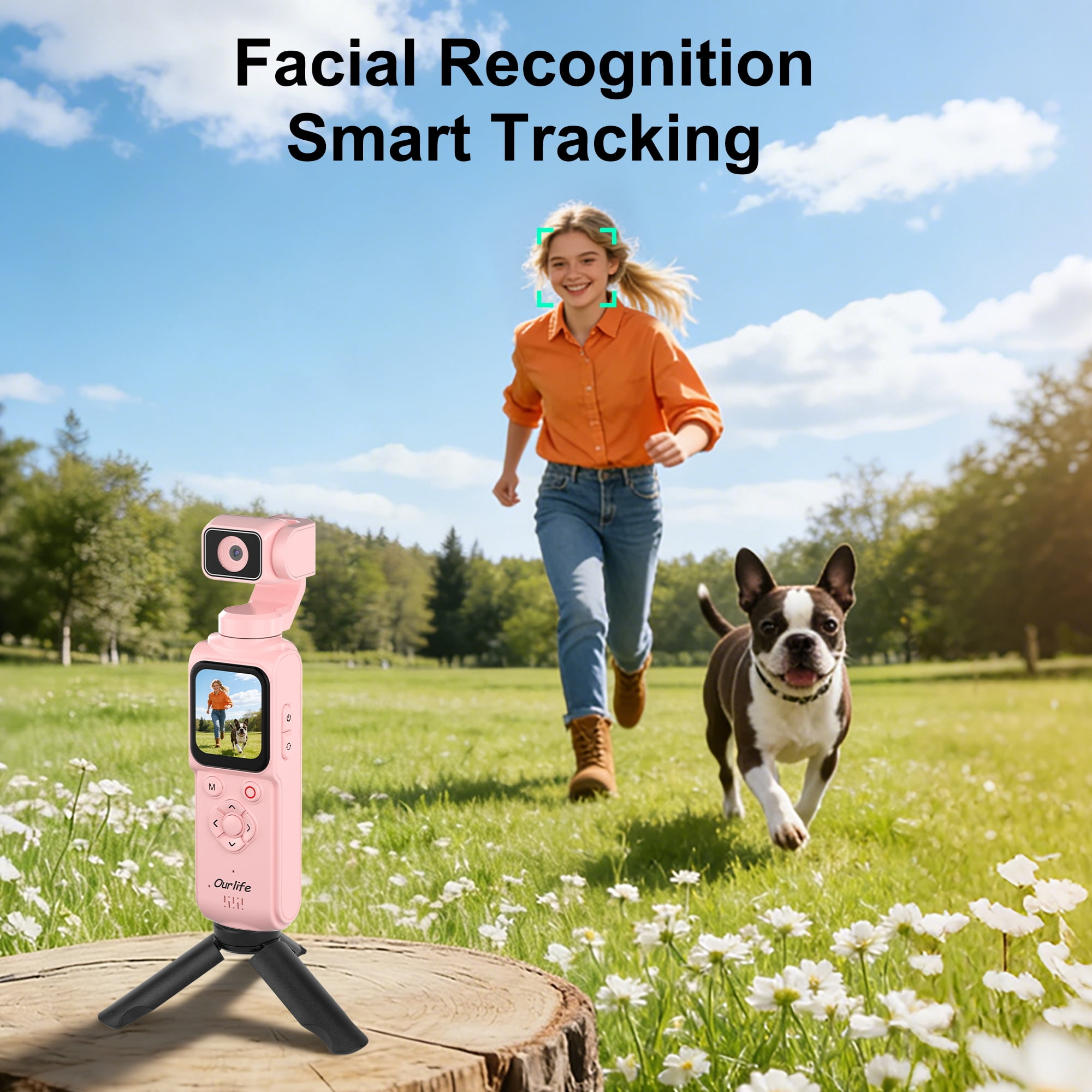Ourlife 4K Vlogging Camera Pocket Gimbal Camera 1.72" Touch Screen AI Face Tracking 2400mAh Ultra-Long Battery Life Travel  Video Camera for YouTube TikTok Creators Pink