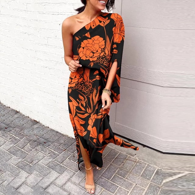 ¡Liquidación de ahorros de verano! Vestido de verano para mujer, holgado, con un solo hombro, estampado, mangas con abertura en el bajo y aberturas.
