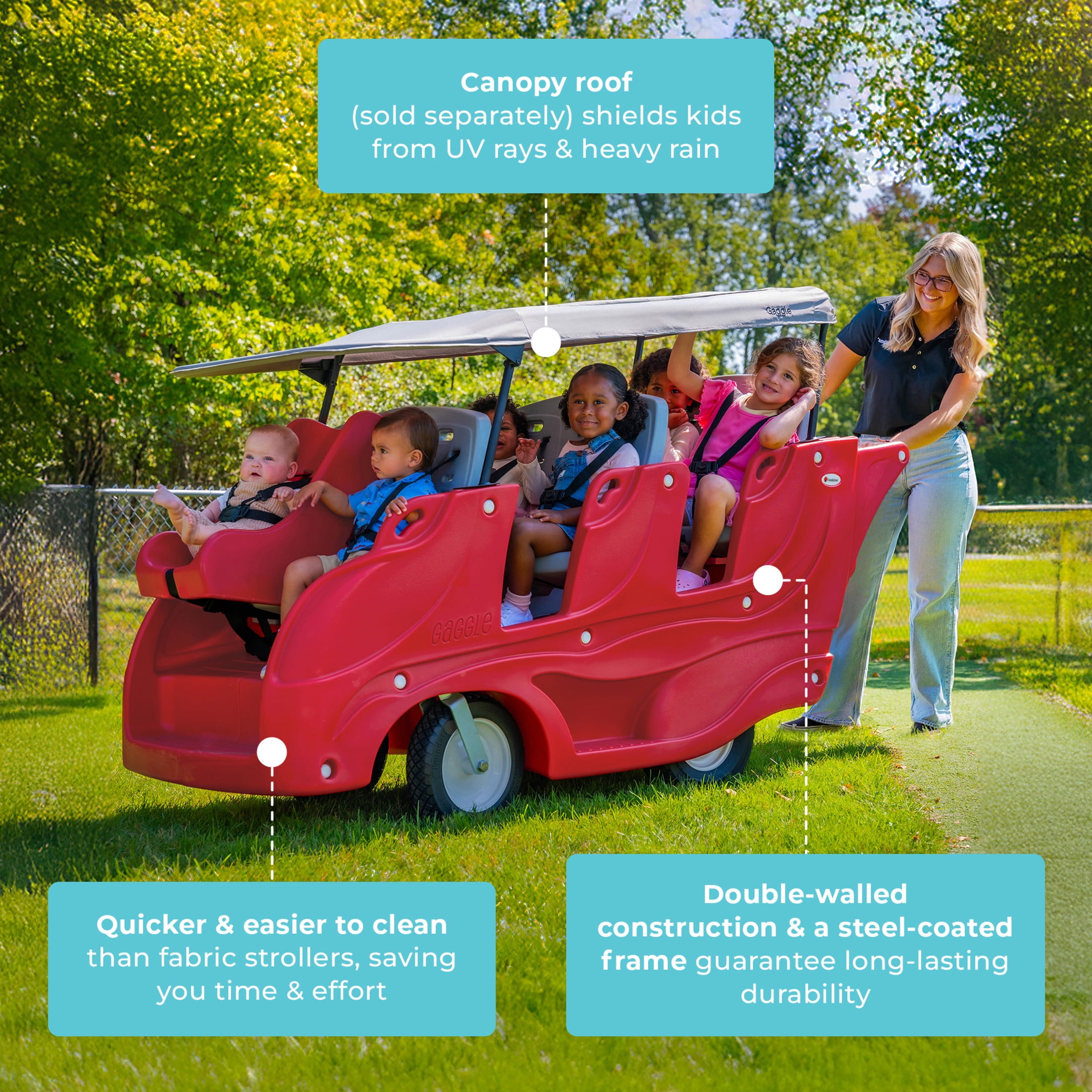 Foundations Gaggle Parade 6-Seat Buggy Stroller, Durable Multi-Child Daycare Stroller with Safety Harnesses, Red/Gray