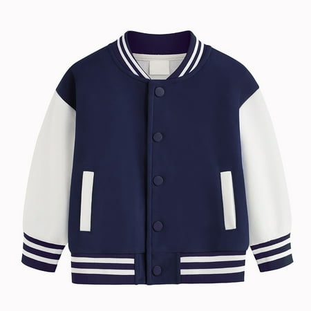 GiLiling Girls Boys Baseball Bomber Jacket Button Sweatshirt Color Block Casual Soft Warm Coat with Pockets Fall Winter (Dark Blue 12-18 Months)