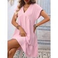 thumbnail image 6 of Women'S Short Sleeve V Neck Ruffle Hem Solid Swing Smock Dress Pink S, 6 of 9