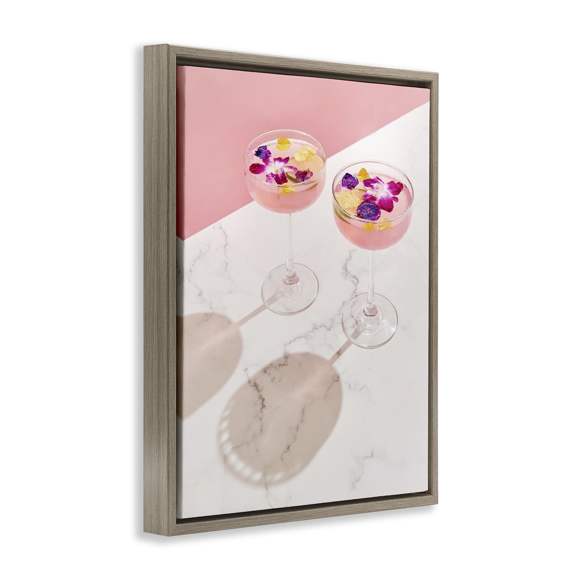 Stupell Industries Pink Floral Cocktails Food & Beverage Painting Brown Floater Framed Art Print Wall Art, 25 x 31