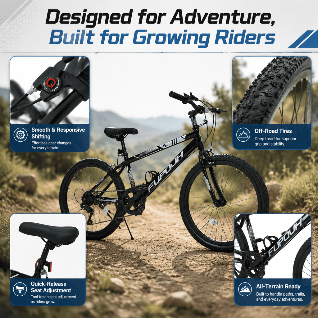 FUPOJH 24" Mountain Bikes for Men, Women & Boys, 7-Speed, V-Brakes, off-Road Tires,Black