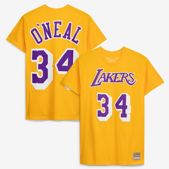 Unisex Mitchell & Ness Shaquille O'Neal Gold Los Angeles Lakers Hardwood Classics Name & Number T-Shirt