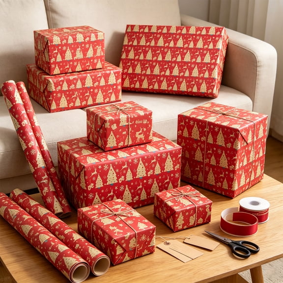 Aonerit Christmas Wrapping Paper Roll, 10 Pcs Vintage Holiday Patterns, Kraft Paper Gift Wrap, Decorative Wrapping Sheet, Christmas Present Package