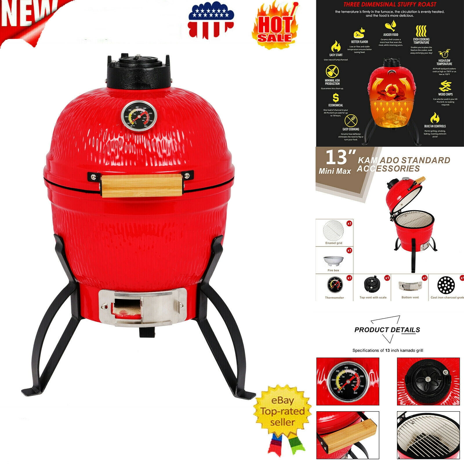 13" Kamado Ceramic Charcoal Barbecue Grill - Aoxun Multifunctional