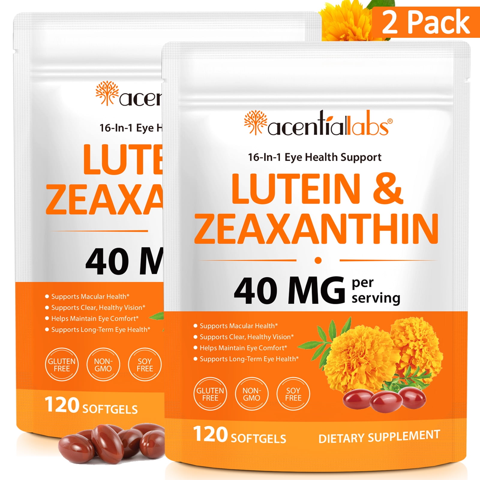2 Pack Lutein Softgels with Zeaxanthin, 16-In-1 Supplement, Eye Comfort Support, 120 Count