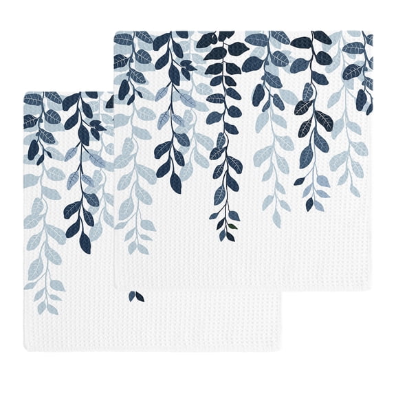 Navy Blue Ombre Botanical Kitchen Dish Towels for Drying Dishes Set of 2, Watercolor Pastoral Leaf Waffle Weave Microfiber Hand Tea Bathroom Towels Quick Dry & Absorbent Towel 12x12