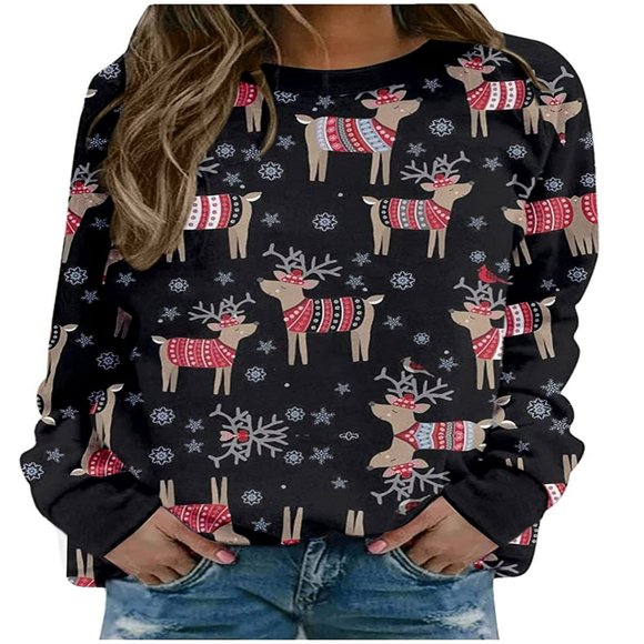 EIMELI Ugly Christmas Sweatshirt for Women Funny Elk Snowflake Christmas Tree Letter Bow Hat Print Long Sleeve T-Shirt Xmas Tops Red Letter M