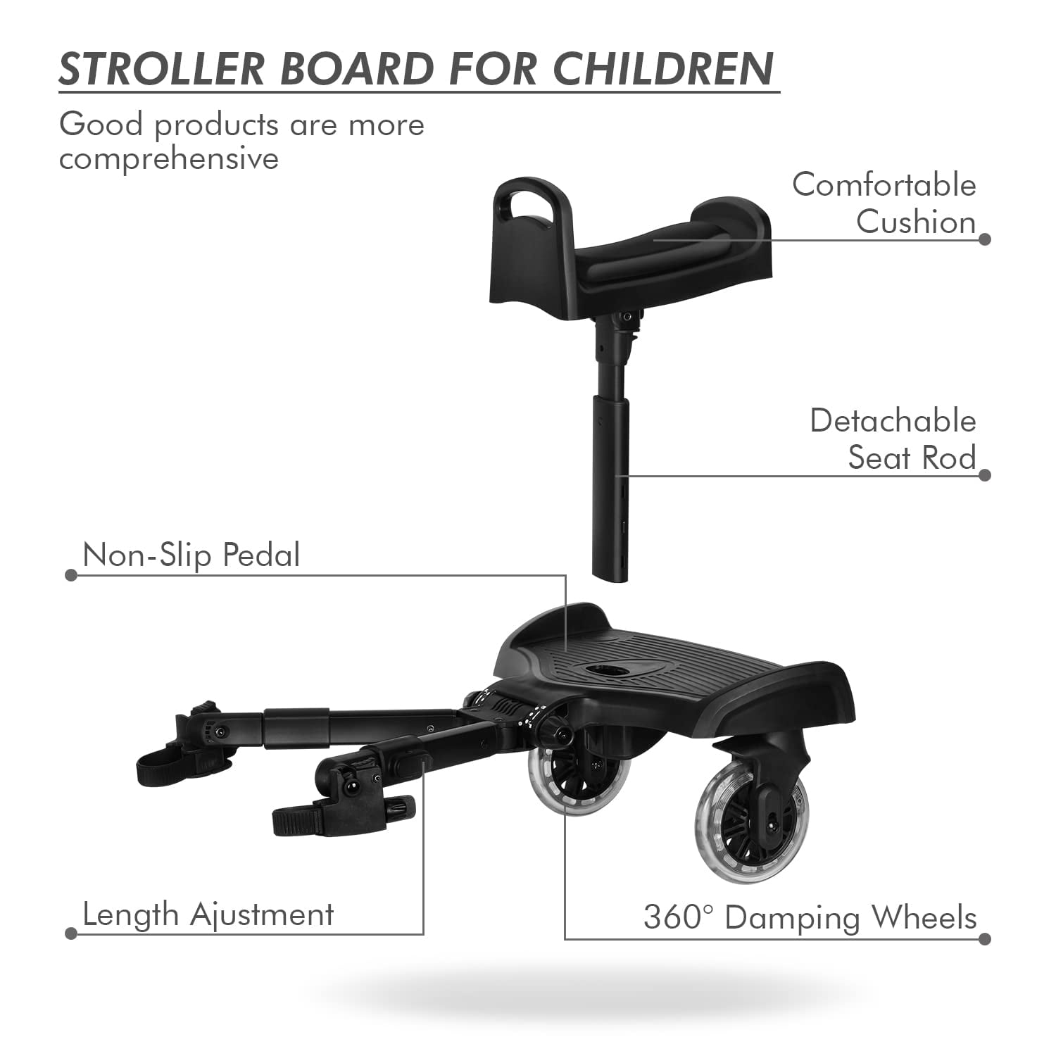 Beberoad Love Universal Stroller Board with Detachable Seat Stroller Ride Board Standing Platform Stroller Glider Board Fits Most of Strollers & Buggies - Rider Holds Children Up to 45lbs