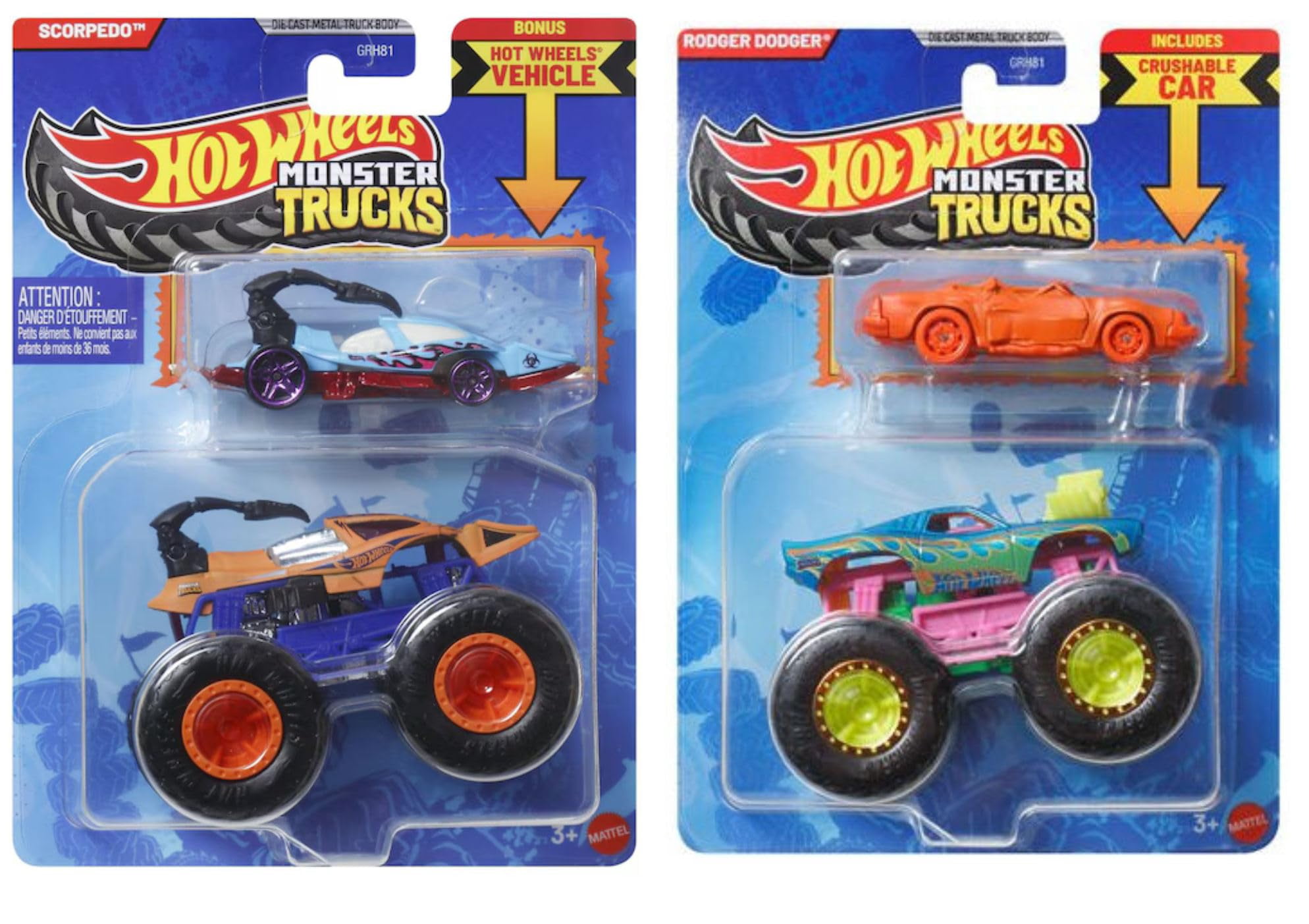 Hot Wheels Monster Trucks 8-Pack with Bonus Cars, GRH81-999R Bundle, Ages 3+