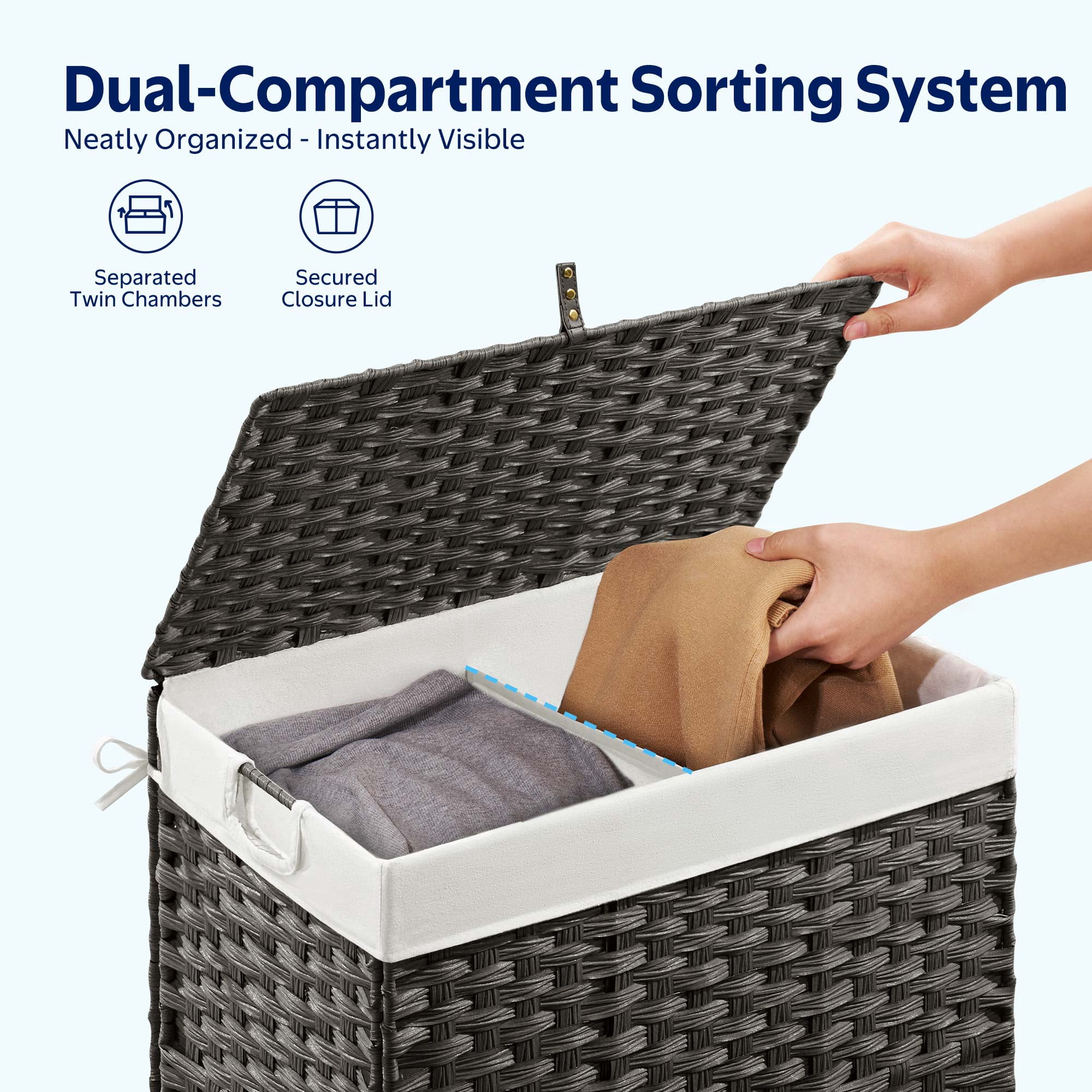 Rolanstar 110L Laundry Hamper Wicker Laundry Basket with Lid, Handles Clothes Hamper Foldable with 2 Removable Liner Bags, Gray