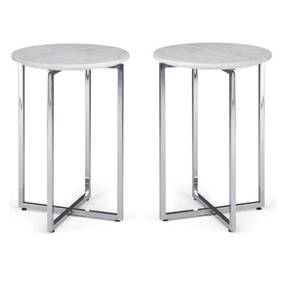 Home Square 2-Piece 18" Accent Side Table with Chrome Base Set in White & Silver