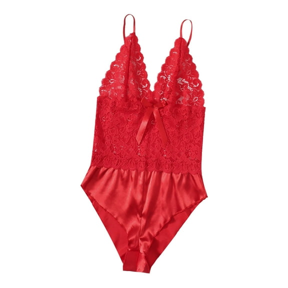 Women Snap Crotch Lingerie Lace Bodysuit Deep V Teddy One Piece Lace Babydoll Valentines Day Gifts