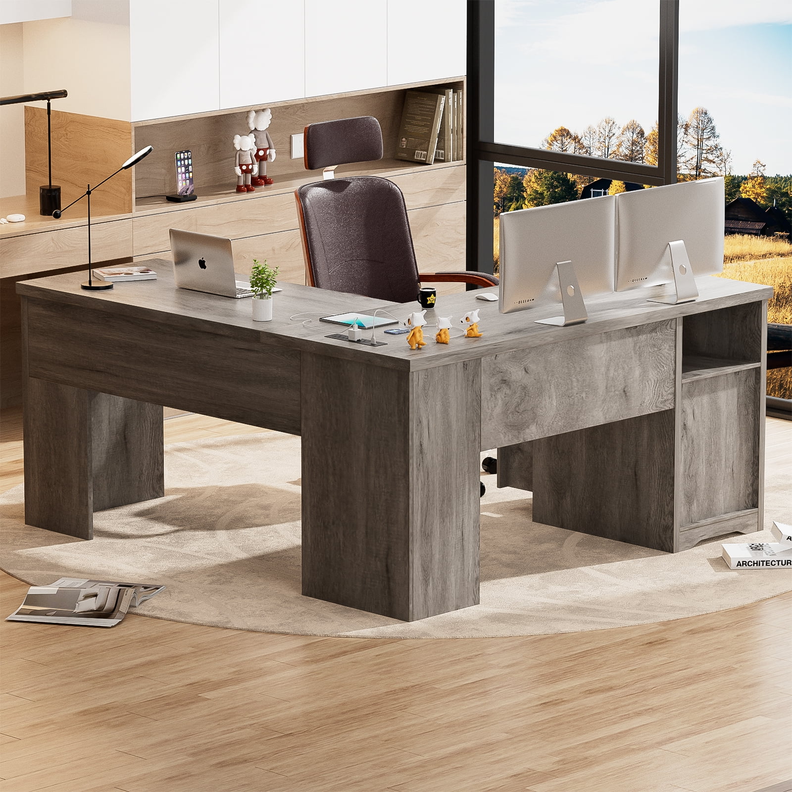 Homieasy L Shaped Desk with Power Outlets and USB Charging Ports, Lift Top Corner Computer Desk with Drawer, Large Office Desk with Storage Shelves, L Shaped Standing Desk for Home Office, Wash Gray