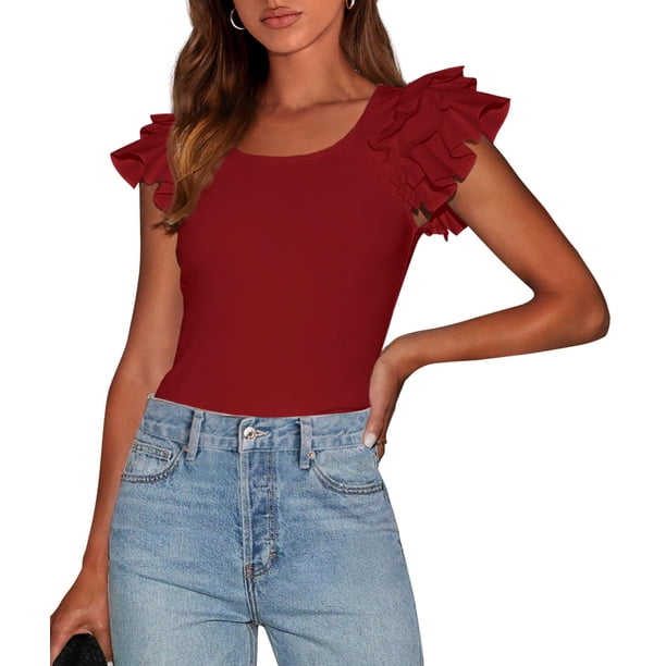Blusa PRETTYGARDEN con Mangas de Volantes Rojo Óxido XL