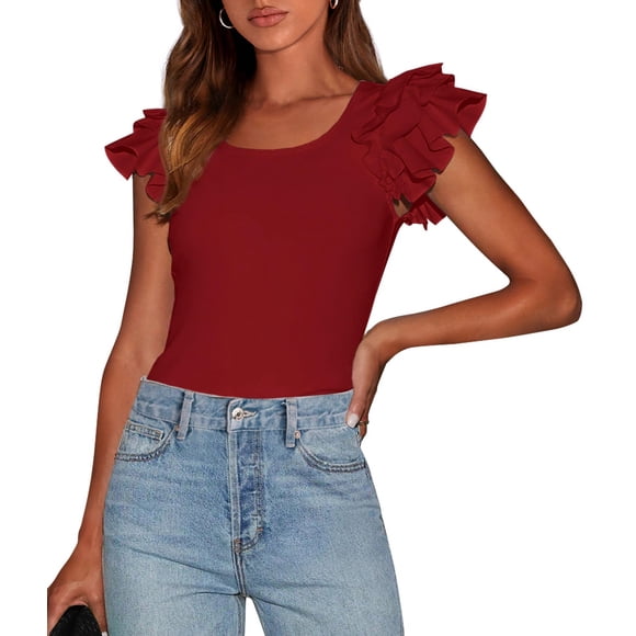 Blusa PRETTYGARDEN con Mangas de Volantes Rojo Óxido XL