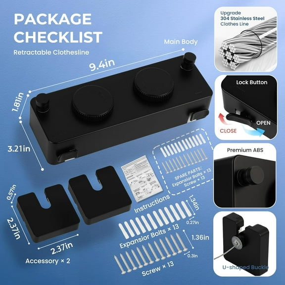 Retractable Clothesline Indoor Outdoor Heavy-Duty, 304 Stainless Steel Clothes Line, 13.8ft