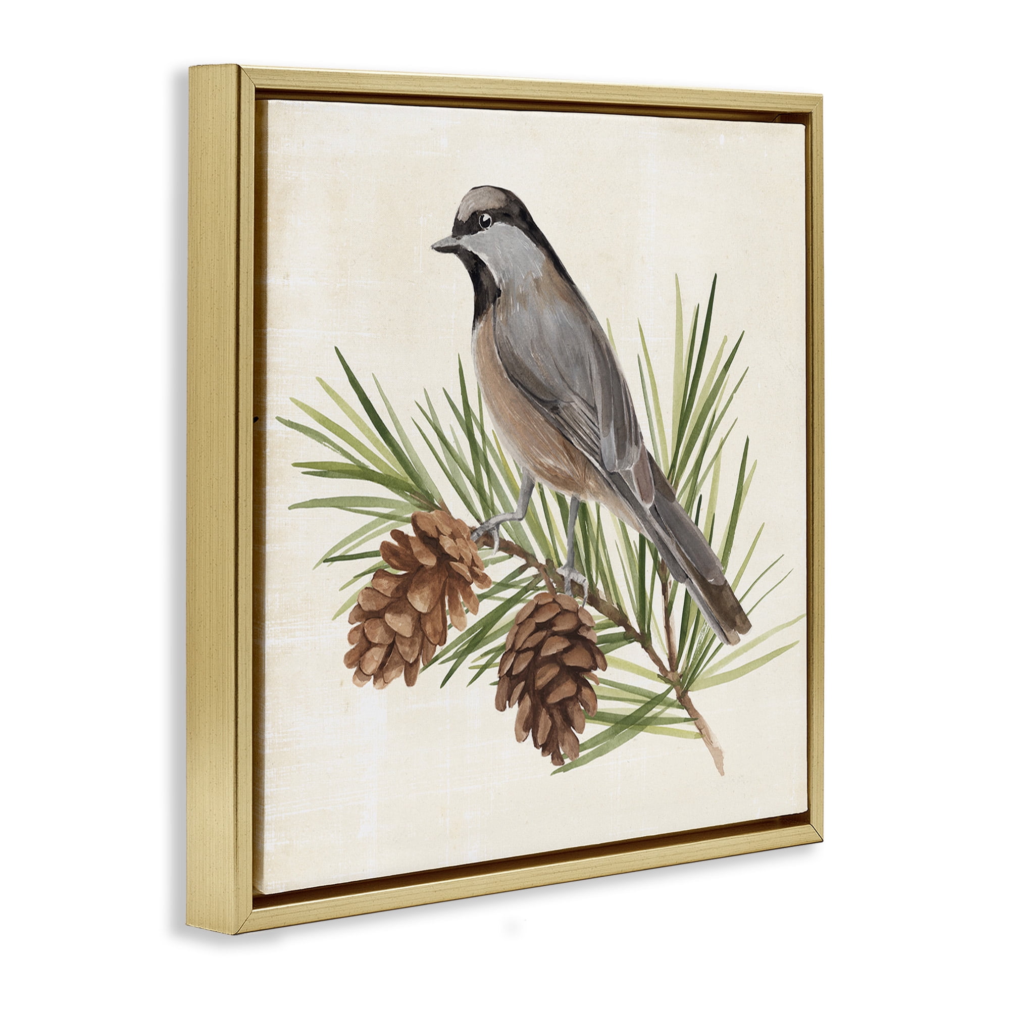 Stupell Industries Bird on Pine Tree Animals & Insects Painting Gold Floater Framed Canvas Art Print Wall Art, 18 x 18
