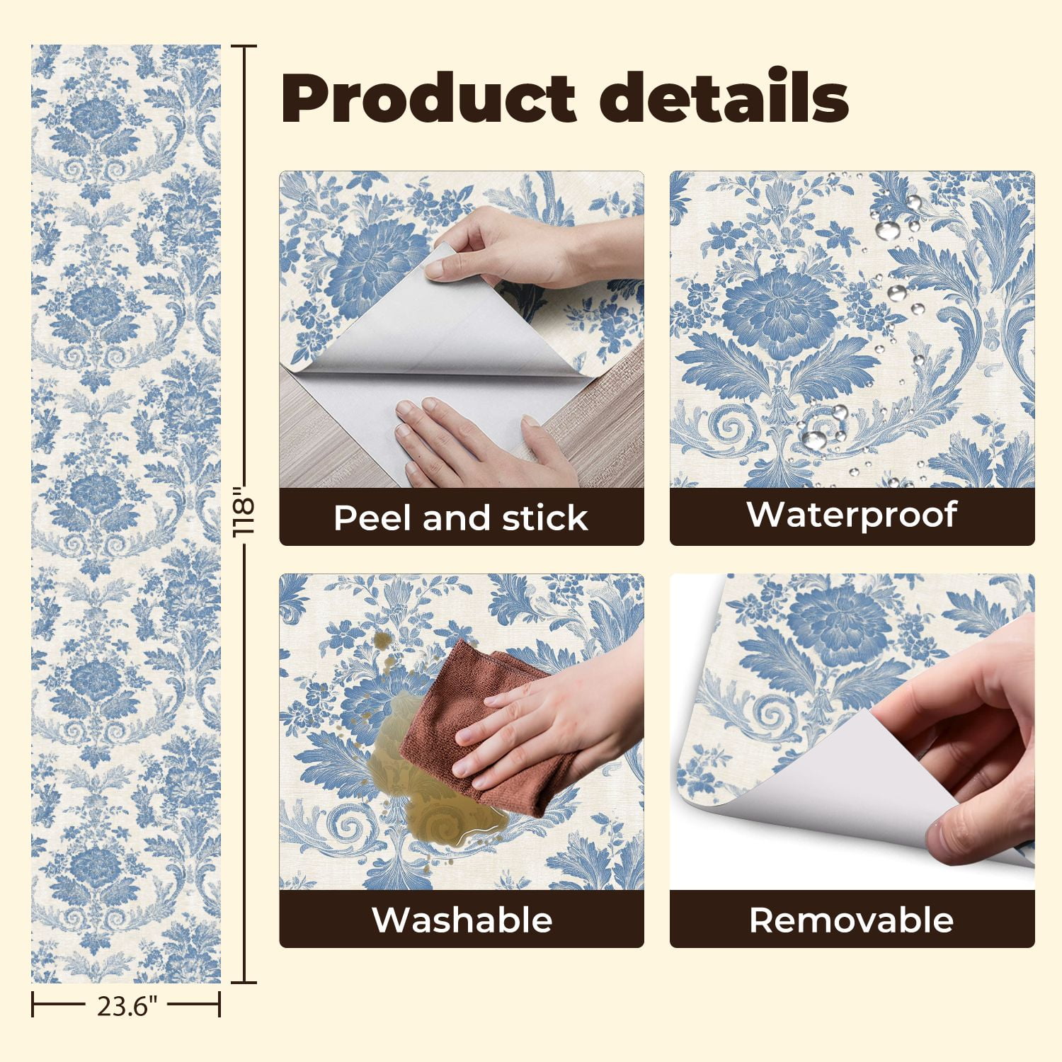 Vintage Peel and Stick Wallpaper 23.6in x 9.8ft Blue Floral Damask Elegant Swirls Detailing Contact Paper Vinyl Waterproof Self Adhesive Wall Paper for Bedroom Shelf Cabinet Renter Friendly