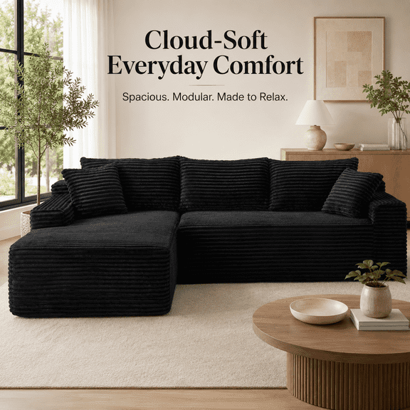 94.5" Cloud Modular Sectional Sofa Couch with Reversible Chaise, Oversized L-Shaped Corduroy Couch, Deep Seat 4-Seat Compressed Sofa for Living Room, No Assembly Required, Black