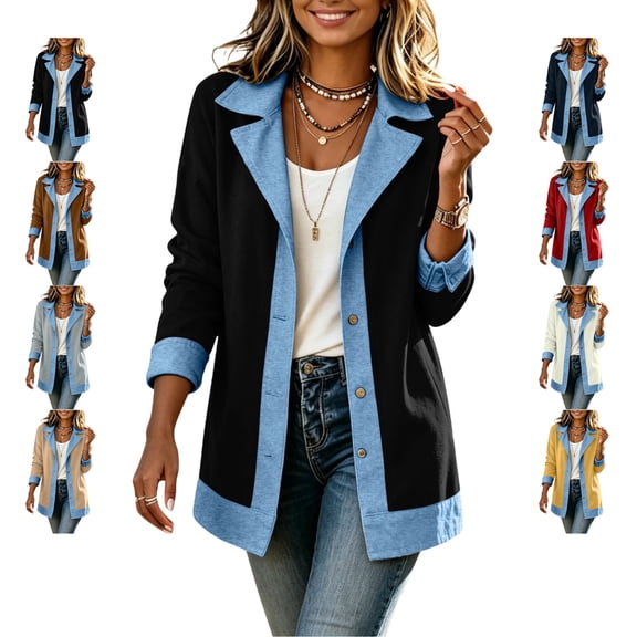 TGSLY Women's Color Block Denim Trim Jacket Lightweight Notched Lapel Button Down Coat Dressy Casual Solid Color Long Sleeve Shacket Jacket M