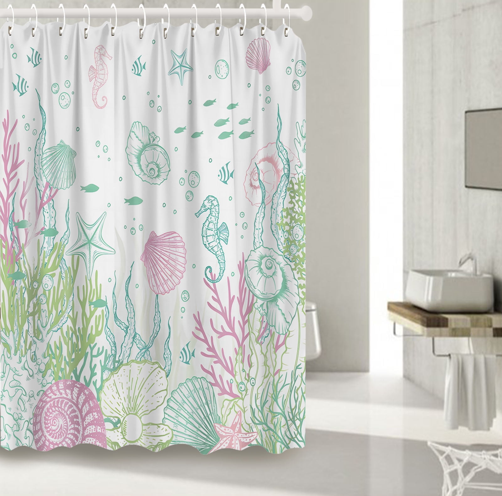 Nautical Coastal Coral Seashell Shower Curtain, Ocean Starfish Seahorse