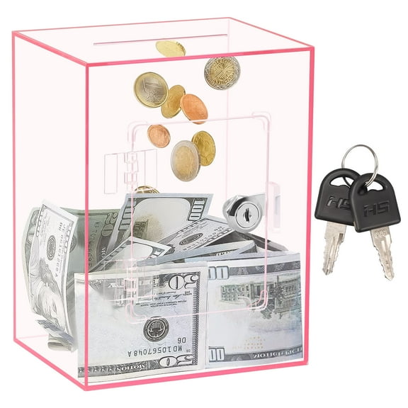 Clear Acrylic Piggy Bank with Lock and Key for Kids Adults, Openable Money Saving Box for Cash Coins Real Money (Pink)