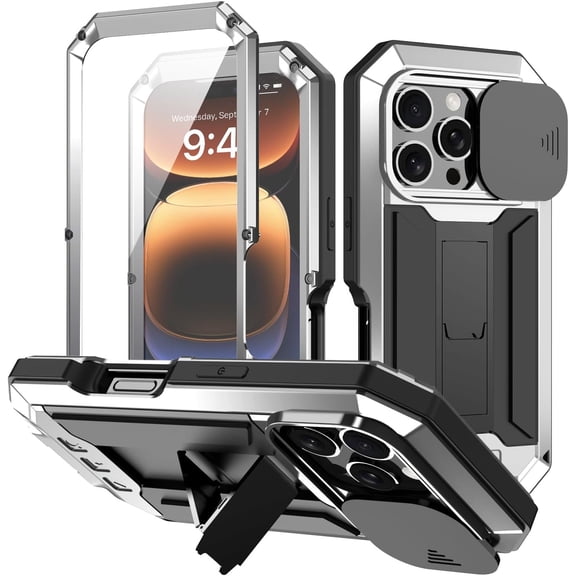 fit for iPhone 16 Pro Max Case 2024 Heavy Duty Protection Rugged Full Body Military Grade Metal Rubber with Stand Hard Built in Screen Camera Protector Phone Cover Silver