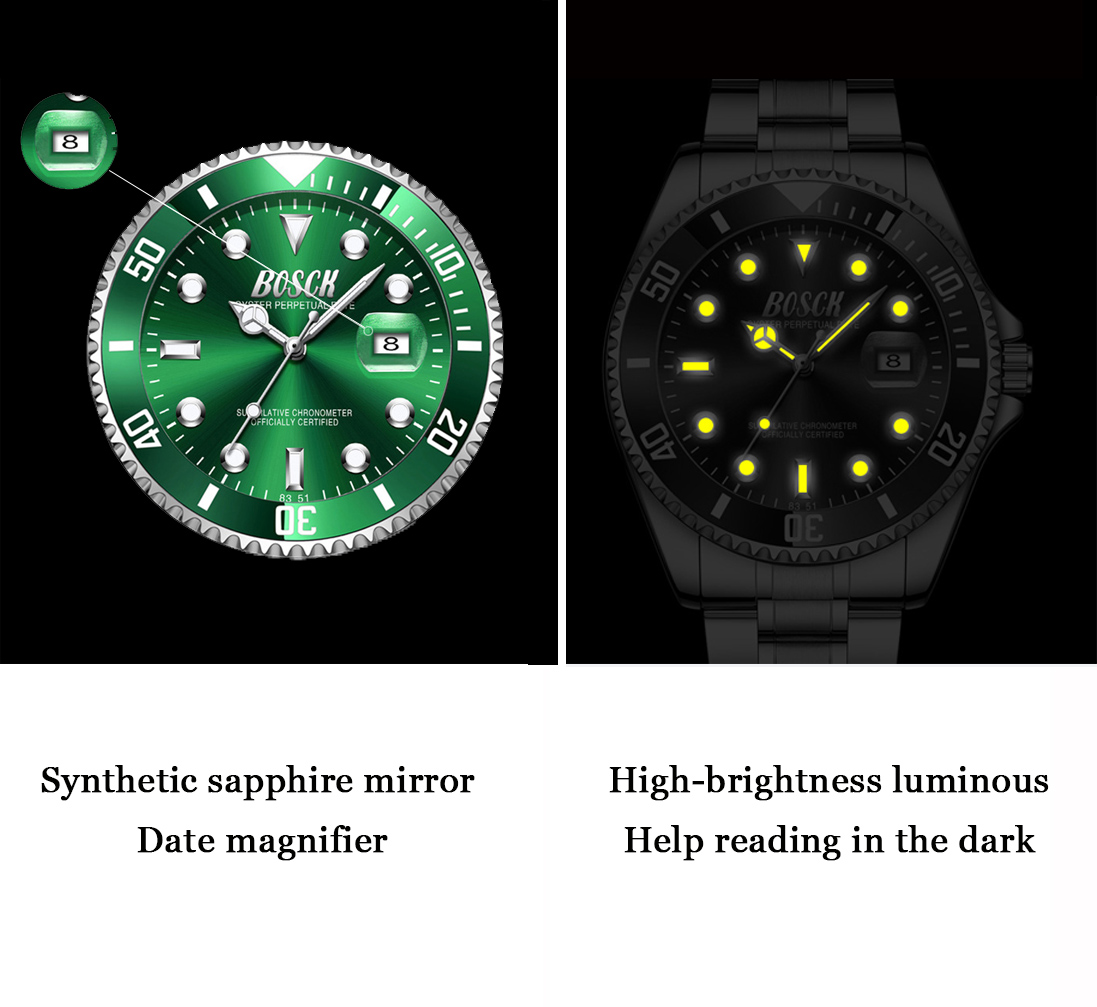 BOSCK Men's 42mm Stainless Steel Classic Luxury Analog Wristwatch, Green Watch for Men