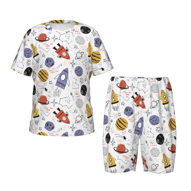 Fotbe Rocket Planets Pijama Estampada de 2 Piezas para Niños – Ropa de Dormir de Manga Corta Cómoda para Niños y Niñas, Camiseta y Shorts de Algodón-4X-Large