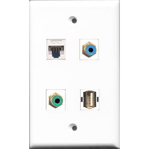 RiteAV 1 Port RCA Green and 1 Port RCA Blue and 1 Port USB A-A and 1 Port Cat5e Ethernet White Wall Plate