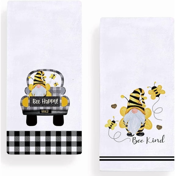 Set of 2 Buffalo Plaid Bee Gnome Kitchen Dish Towel 18 x 26 Inch, Seasonal Spring Summer Bee Happy Tea Towels Dish Cloth for Cooking Baking