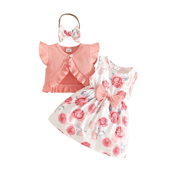 CUZIBR Girls Baby Summer Dress Clothes Sets Fly Sleeve Ruffles Ribbed Cardigan Coat Tops And Floral Prints Round Neck Cute Bow Dresses With Headbands Outfits Dailywear,Light Pink,2-3 Years