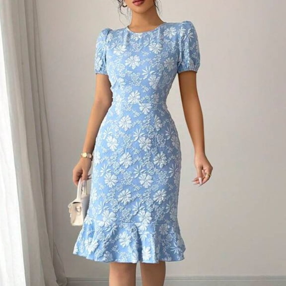 Summer Round Neck Short Sleeve Embroidered Ruffle Dress for Women with Waist-Cinching Design