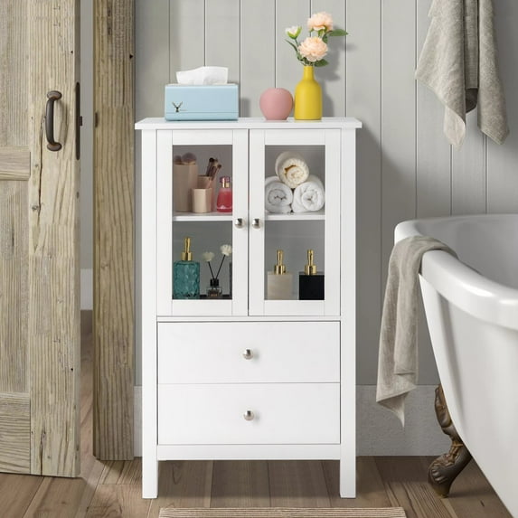 Gzxs White Storage Cabinets with 2 Drawers and 2 Layers Storage Space, Glass Doors, Freestanding Floor Cabinet for Bathroom Living Room, Kitchen (White)
