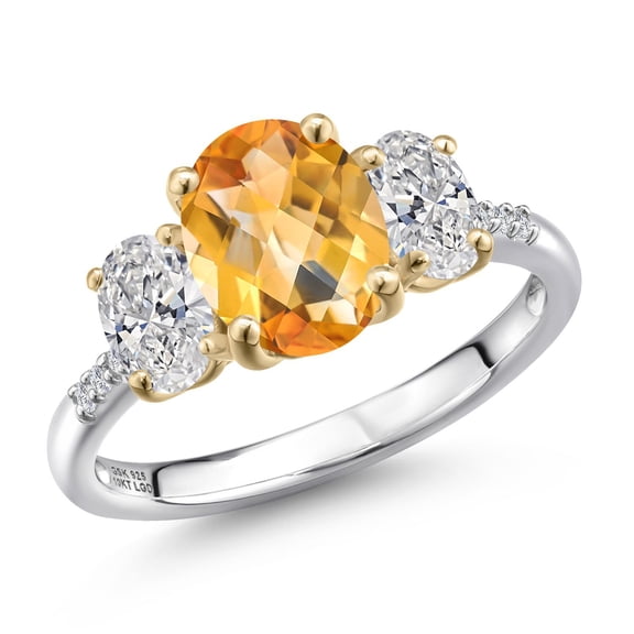 Gem Stone King 925 Silver and 10K Yellow Gold Yellow Citrine and DEF Lab Grown Diamond Engagement Ring for Women | 2.71 Cttw | Oval Checkerboard 9X7MM | November Birthstone | Size 8