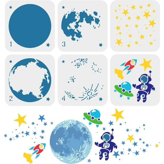 6 Pcs Layered Space Theme Stencil 15x15cm Moon Earth Painting Template Plastic Astronaut Rocket Spaceship Patterns Stencils Reusable Moon Stars Stencil for Home Wood Floor Wall Decor