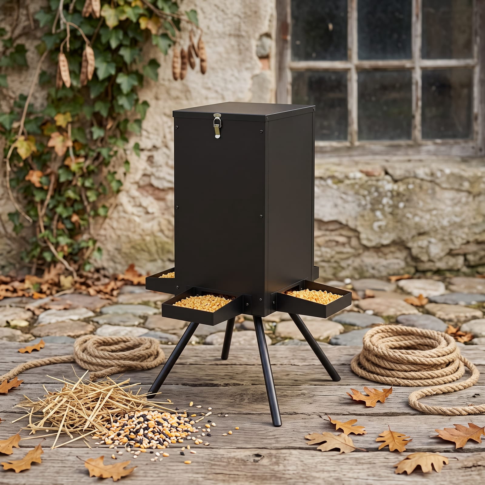 Vebreda 90LB Gravity Deer Feeder with 4 Feeding Trays and 4-Leg Stand, More Feed, Less Refills, Built for Outdoor Seasons, Dry Corn Protection